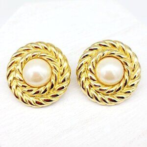 Vintage Givenchy Faux Pearl Button Earrings Post Back Polished Gold Tone Couture